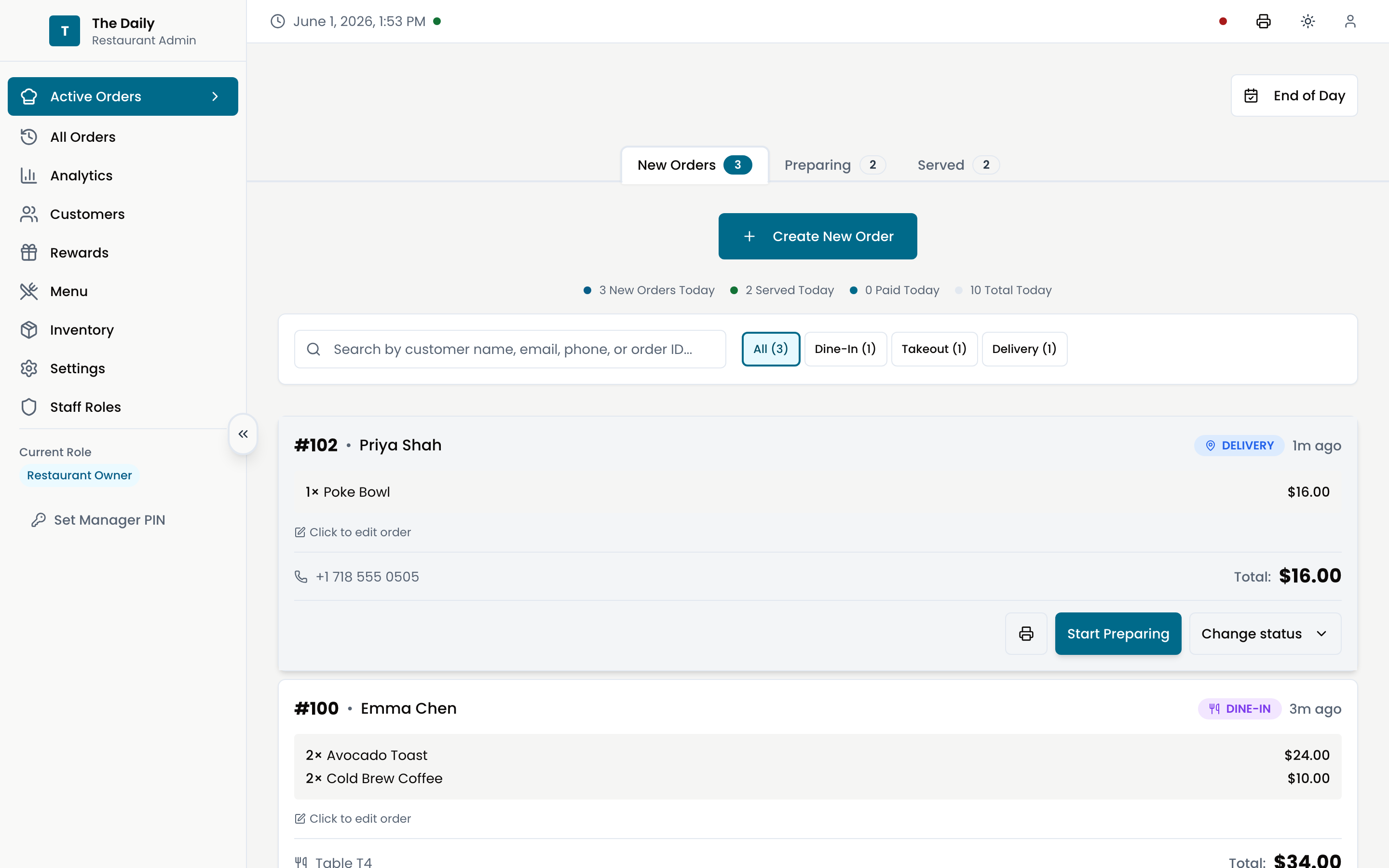 Active orders dashboard showing pending and preparing orders